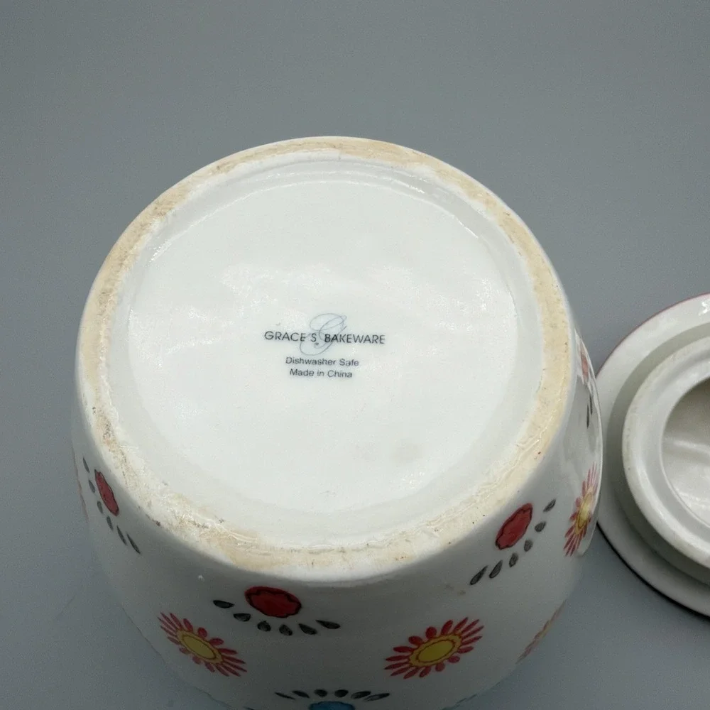 Graces Bakeware Painted Floral Red/Blue Cookie Jar/Canister with Lid
